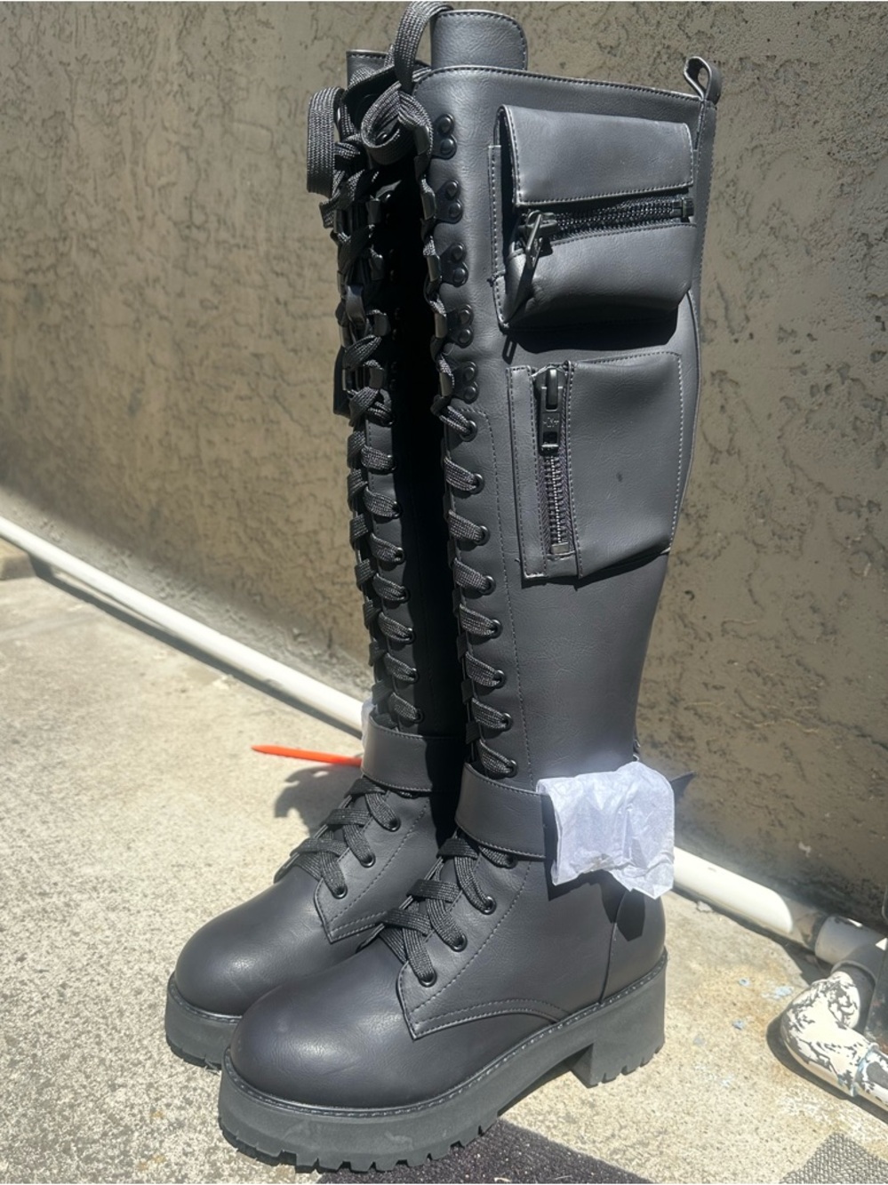 Current Mood Black Chunky Lace-Up Knee-High Combat Cargo Boot with Side Pockets